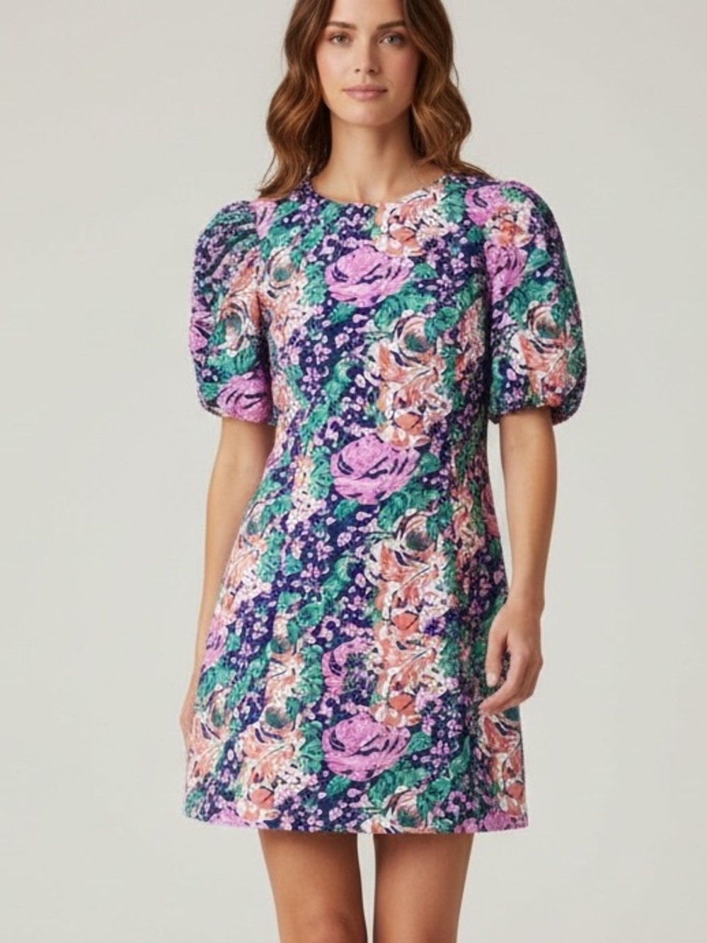 Melloday Colorful Floral Puff Sleeve Shift Dress with Pockets Women's size S